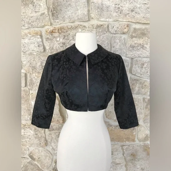 Vintage 50s Black Floral Brocade Dress Set with Kitten Bow Waist Audrey Hepburn - Picture 11 of 16